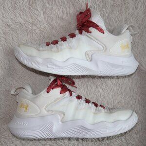 Women's Size 8.5 Under Armour Flow Ace Low Volleyball Shoes, White, Gold, Red